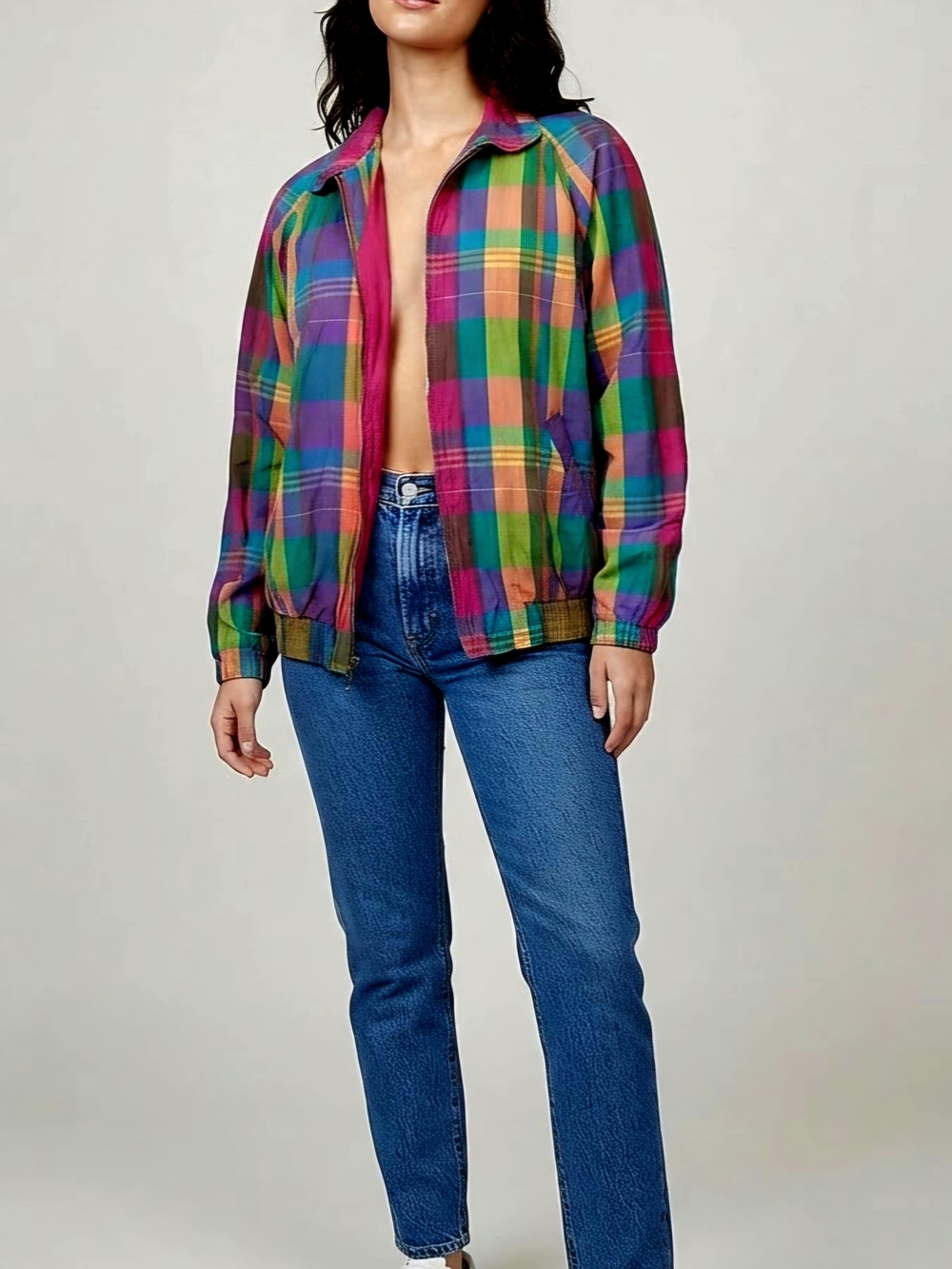 Vintage EP Pro 100% Cotton Madras Plaid Full Zip Bomber Jacket Colorful